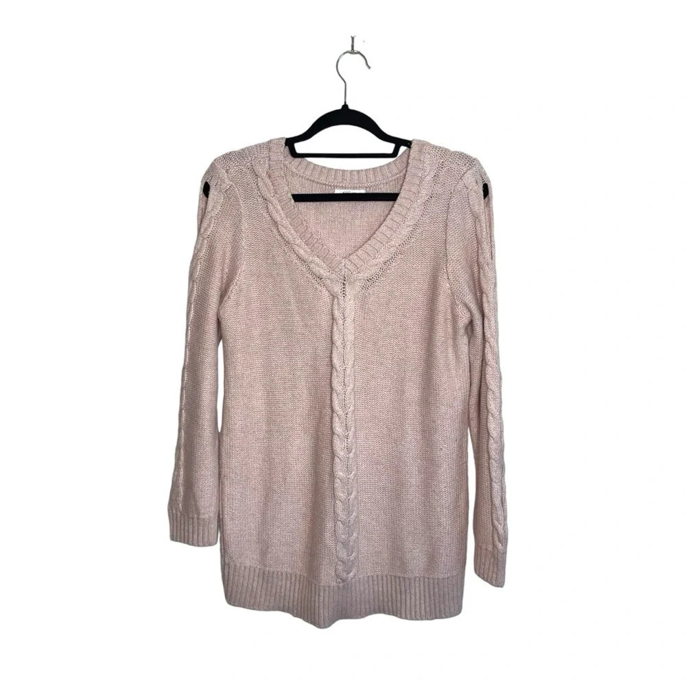 Maurices Light Pink Cable Knit Open Sleeve V-neck Tunic Sweater Medium Women’s